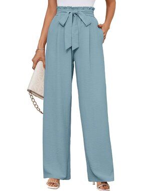 Women's Blue Haze Wide Leg Pant High Waisted Tie Knot Loose Comfy Casual Trouser